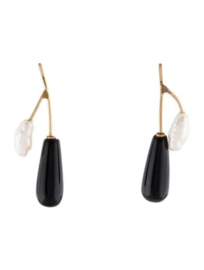 Pre-owned Earrings 14k Pearl & Onyx Drop  In Multi