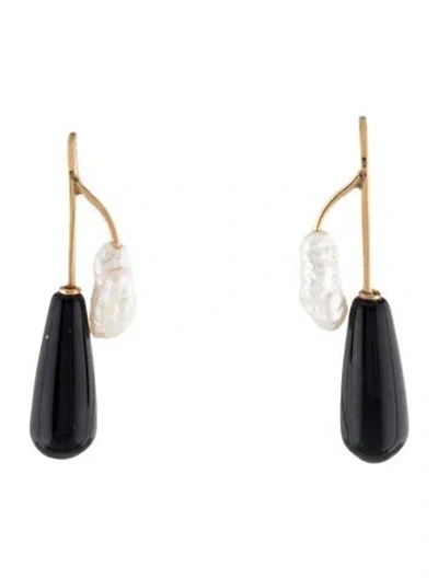 Pre-owned Earrings 14k Pearl & Onyx Drop  In Multi