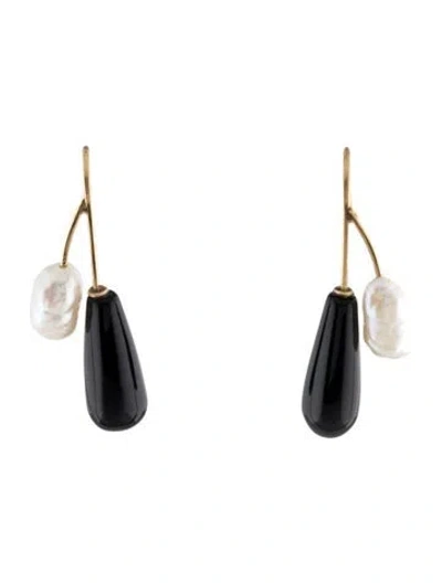 Pre-owned Earrings 14k Pearl & Onyx Drop  In Multi