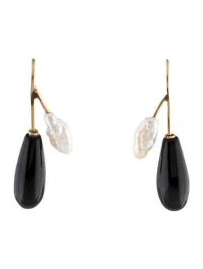 Pre-owned Earrings 14k Pearl & Onyx Drop  In Multi