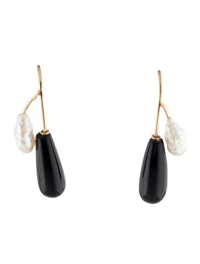 Pre-owned Earrings 14k Pearl & Onyx Drop  In Multi