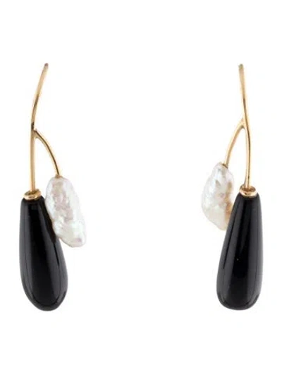 Pre-owned Earrings 14k Pearl & Onyx Drop  In Multi