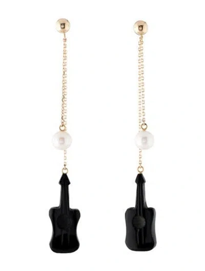 Pre-owned Earrings 14k Pearl & Onyx Guitar Drop  In Multi
