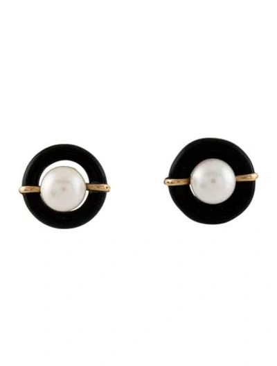 Pre-owned Earrings 14k Pearl & Onyx Stud  In Multi