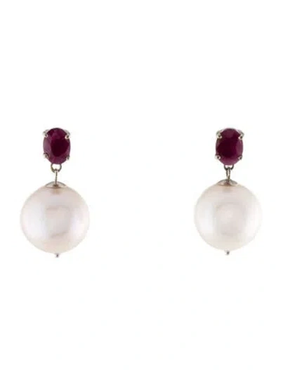 Pre-owned Earrings 14k Pearl & Ruby Drop  In Multi