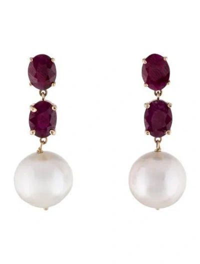 Pre-owned Earrings 14k Pearl & Ruby Drop  In Multi