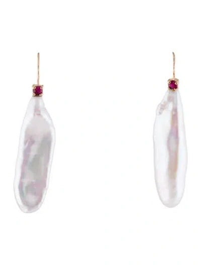 Pre-owned Earrings 14k Pearl & Ruby Drop  In Multi