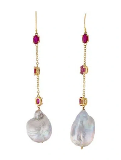 Pre-owned Earrings 14k Pearl & Ruby Drop  In Multi