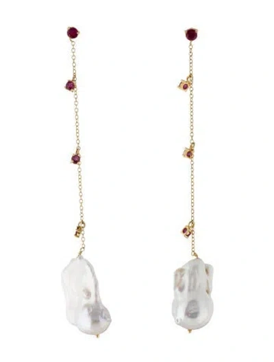 Pre-owned Earrings 14k Pearl & Ruby Drop  In Multi