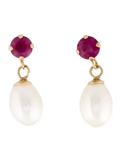 Pre-owned Earrings 14k Pearl & Ruby Drop  In Multi