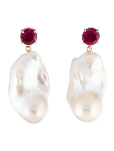 Pre-owned Earrings 14k Pearl & Ruby Drop  In Multi