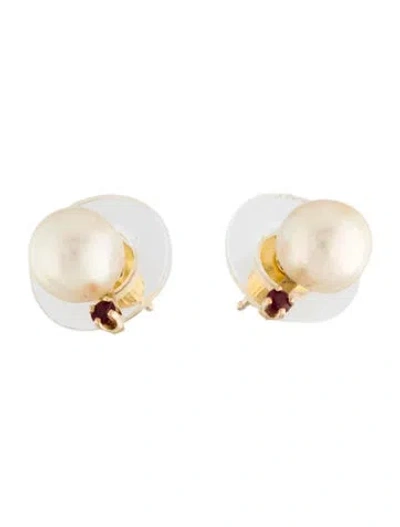 Pre-owned Earrings 14k Pearl & Ruby Stud  In Multi