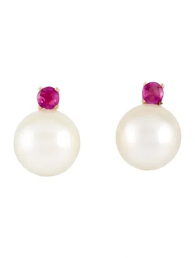 Pre-owned Earrings 14k Pearl & Ruby Stud  In Multi
