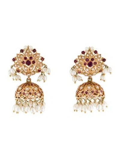 Pre-owned Earrings 14k Pearl & Ruby Tassel  In Multi