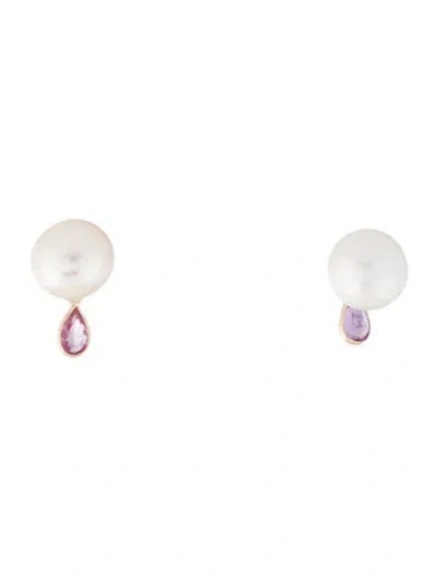Pre-owned Earrings 14k Pearl & Sapphire Drop  In Multi