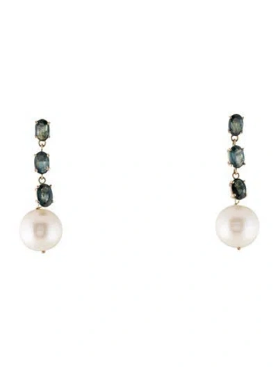Pre-owned Earrings 14k Pearl & Sapphire Drop  In Multi