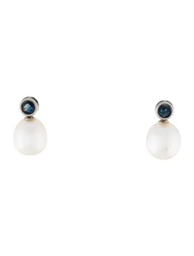 Pre-owned Earrings 14k Pearl & Sapphire Stud  In Multi