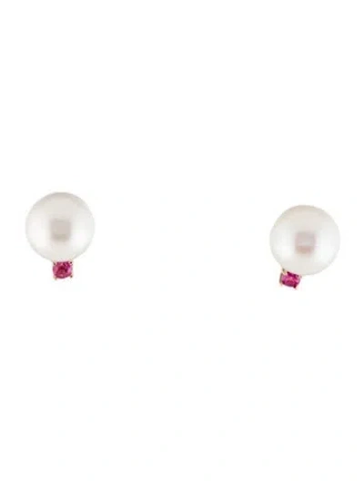 Pre-owned Earrings 14k Pearl & Sapphire Stud  In Multi