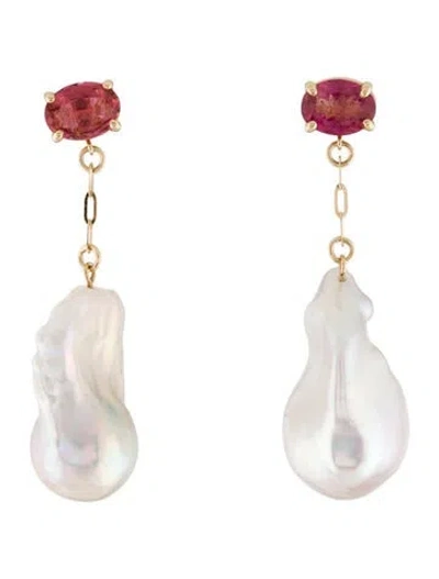 Pre-owned Earrings 14k Pearl & Tourmaline Drop  In Multi