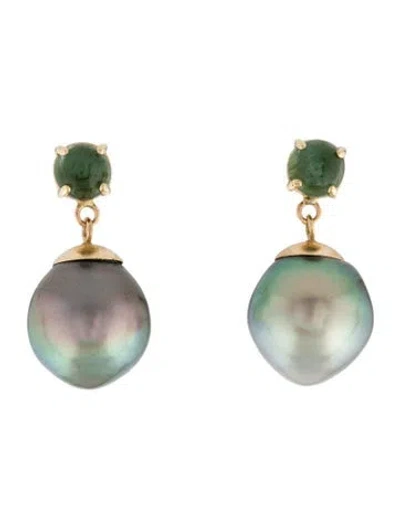 Pre-owned Earrings 14k Pearl & Tourmaline Drop  In Multi