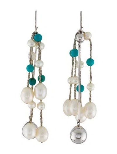 Pre-owned Earrings 14k Pearl & Turquoise Bead Drop  In Multi