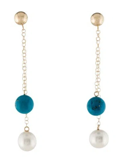 Pre-owned Earrings 14k Pearl & Turquoise Drop  In Multi
