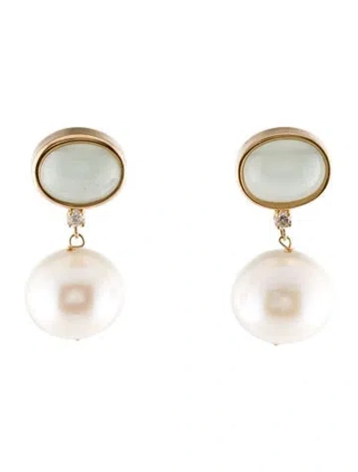 Pre-owned Earrings 14k Pearl, Aquamarine & Diamond Drop  In Multi