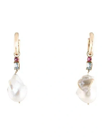 Pre-owned Earrings 14k Pearl, Aquamarine & Tourmaline Drop  In Multi