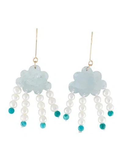 Pre-owned Earrings 14k Pearl, Aquamarine, & Turquoise Drop  In Multi
