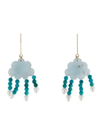 Pre-owned Earrings 14k Pearl, Aquamarine & Turquoise Rain Cloud Drop  In Multi