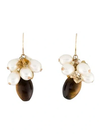Pre-owned Earrings 14k Pearl, Citrine & Tiger's Eye Drop  In Multi