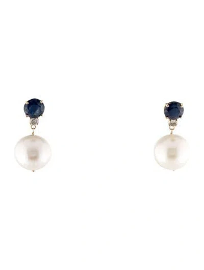 Pre-owned Earrings 14k Pearl, Diamond & 3.86ctw Sapphire Drop  In Multi