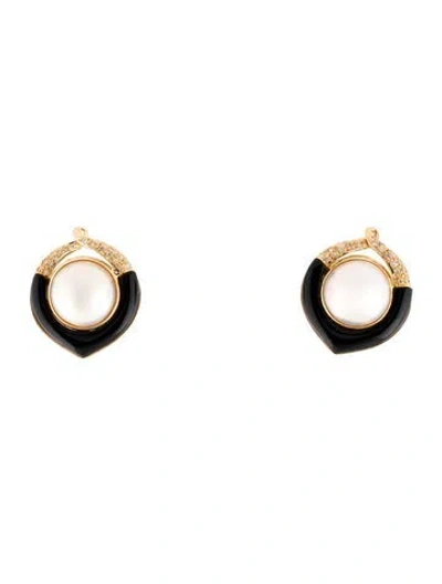 Pre-owned Earrings 14k Pearl, Diamond & Glass Earclip  In Black
