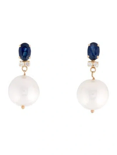 Pre-owned Earrings 14k Pearl, Diamond & Sapphire Drop  In Multi