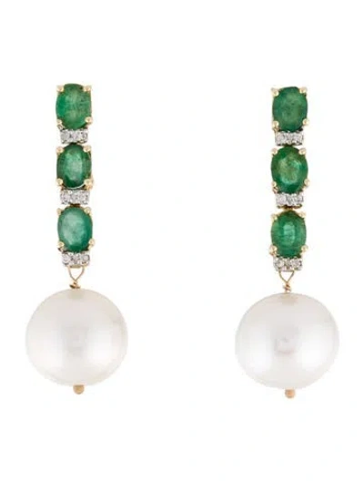 Pre-owned Earrings 14k Pearl, Emerald & Diamond Drop  In Multi