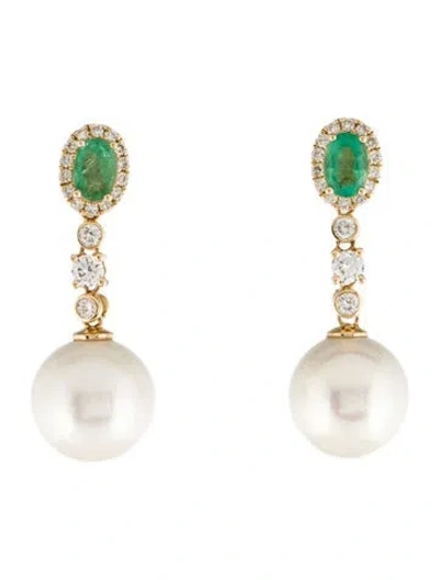 Pre-owned Earrings 14k Pearl, Emerald, & Lab-grown Diamond Drop  In Multi