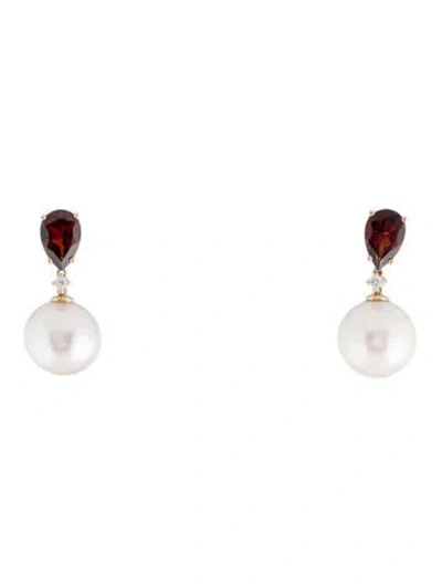 Pre-owned Earrings 14k Pearl, Garnet & Diamond Drop  In Multi