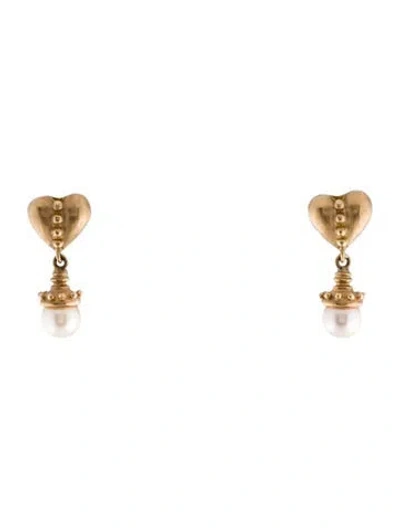 Pre-owned Earrings 14k Pearl Heart & Crown Drop  In Multi