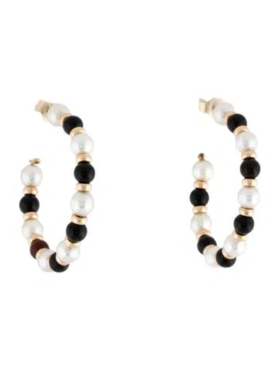Pre-owned Earrings 14k Pearl, Onyx, & Sard Hoop  In Multi