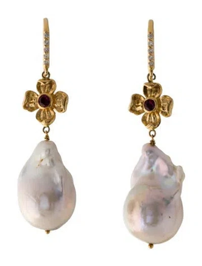 Pre-owned Earrings 14k Pearl, Ruby & Diamond Drop  In Multi