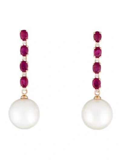 Pre-owned Earrings 14k Pearl, Ruby & Diamond Drop  In Multi