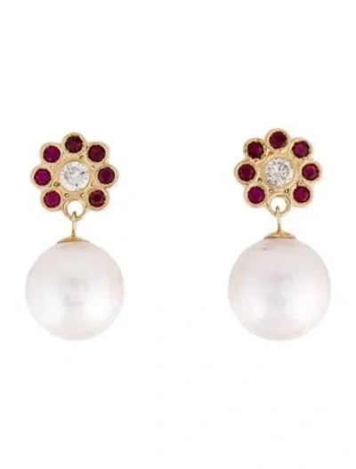 Pre-owned Earrings 14k Pearl, Ruby & Diamond Drop  In Multi