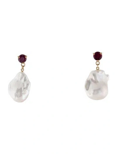 Pre-owned Earrings 14k Pearl, Ruby & Garnet Drop  In Multi