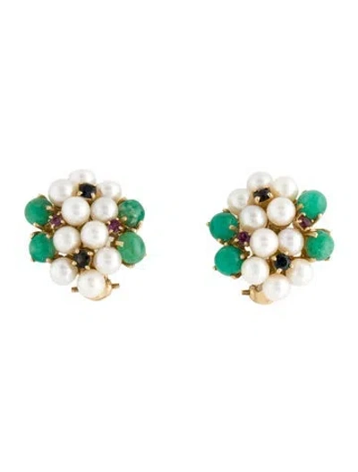 Pre-owned Earrings 14k Pearl, Ruby, Emerald & Sapphire Flower Clip-on  In Multi