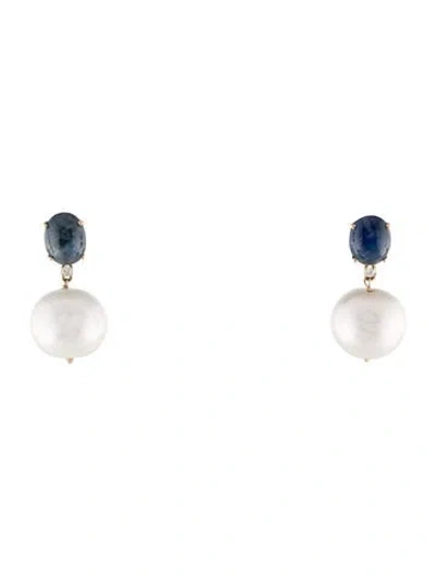Pre-owned Earrings 14k Pearl, Sapphire & Diamond Drop  In Multi