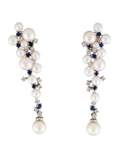Pre-owned Earrings 14k Pearl, Sapphire & Diamond Drop  In Multi