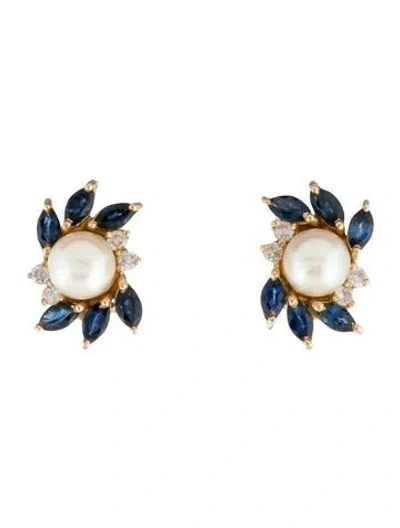 Pre-owned Earrings 14k Pearl, Sapphire & Diamond Earclips In Multi