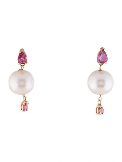 Pre-owned Earrings 14k Pearl, Sapphire & Tourmaline Drop  In Multi