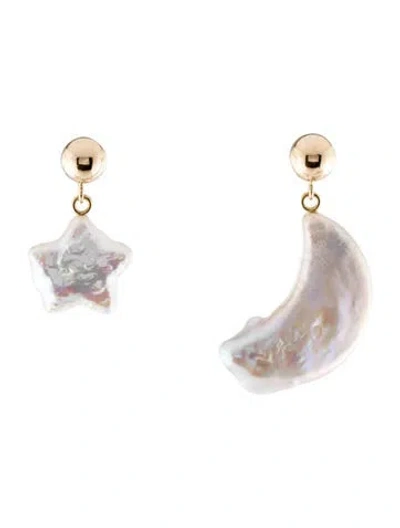 Pre-owned Earrings 14k Pearl Star & Moon Drop  In Multi