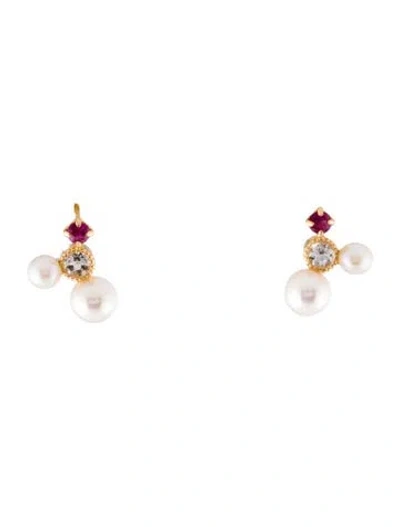 Pre-owned Earrings 14k Pearl, Topaz & Ruby Stud  In Multi